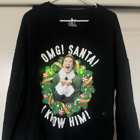 Elf OMG! Santa! Black Green Light Up Christmas Ugly Sweater Sweatshirt Size XL - Picture 1 of 7